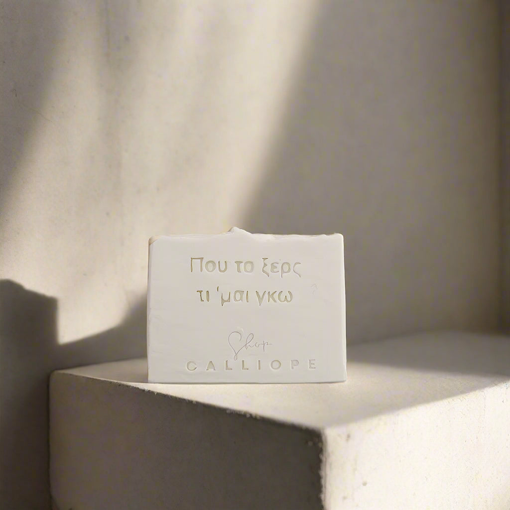 Bar of soap with text on a gray background