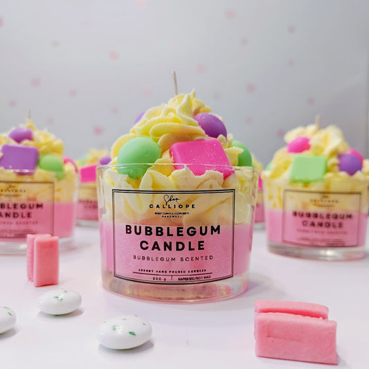 Bubblegum-scented candle with colorful toppings on a light background