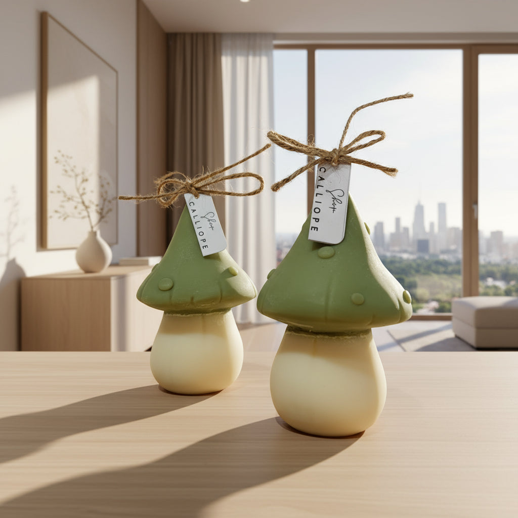 Two green and beige mushroom-shaped candles with tags on a light background