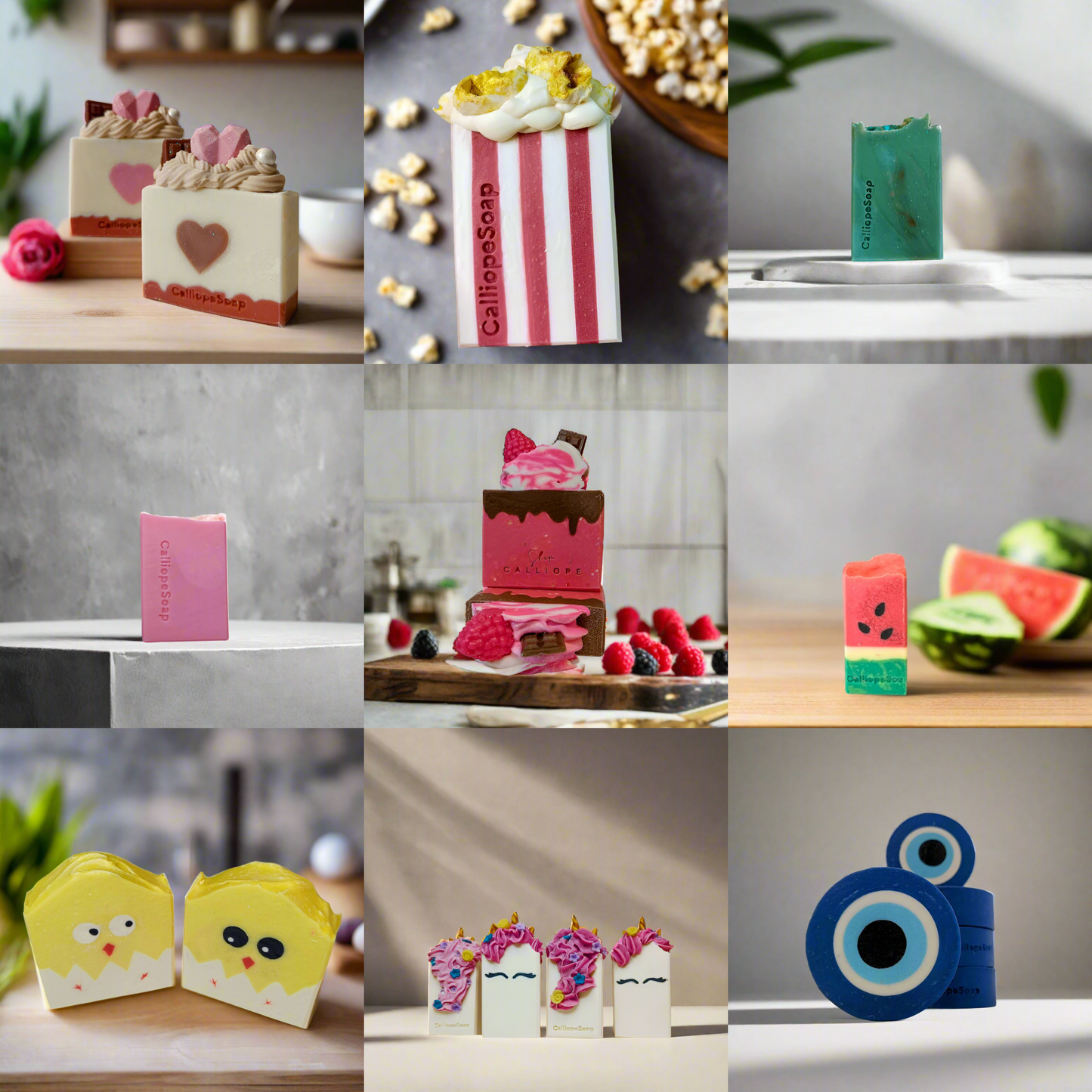 Collage of various CalliopeShop handmade soaps including cake, popcorn, evil eye, watermelon, unicorn and chick soaps.