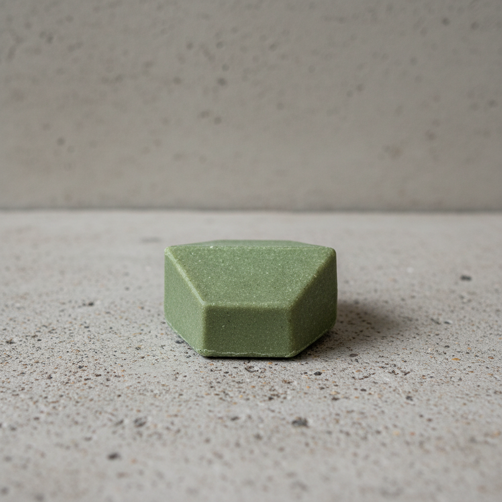 Green bar of soap on a hexagonal white soap dish with water droplets on a gray surface.