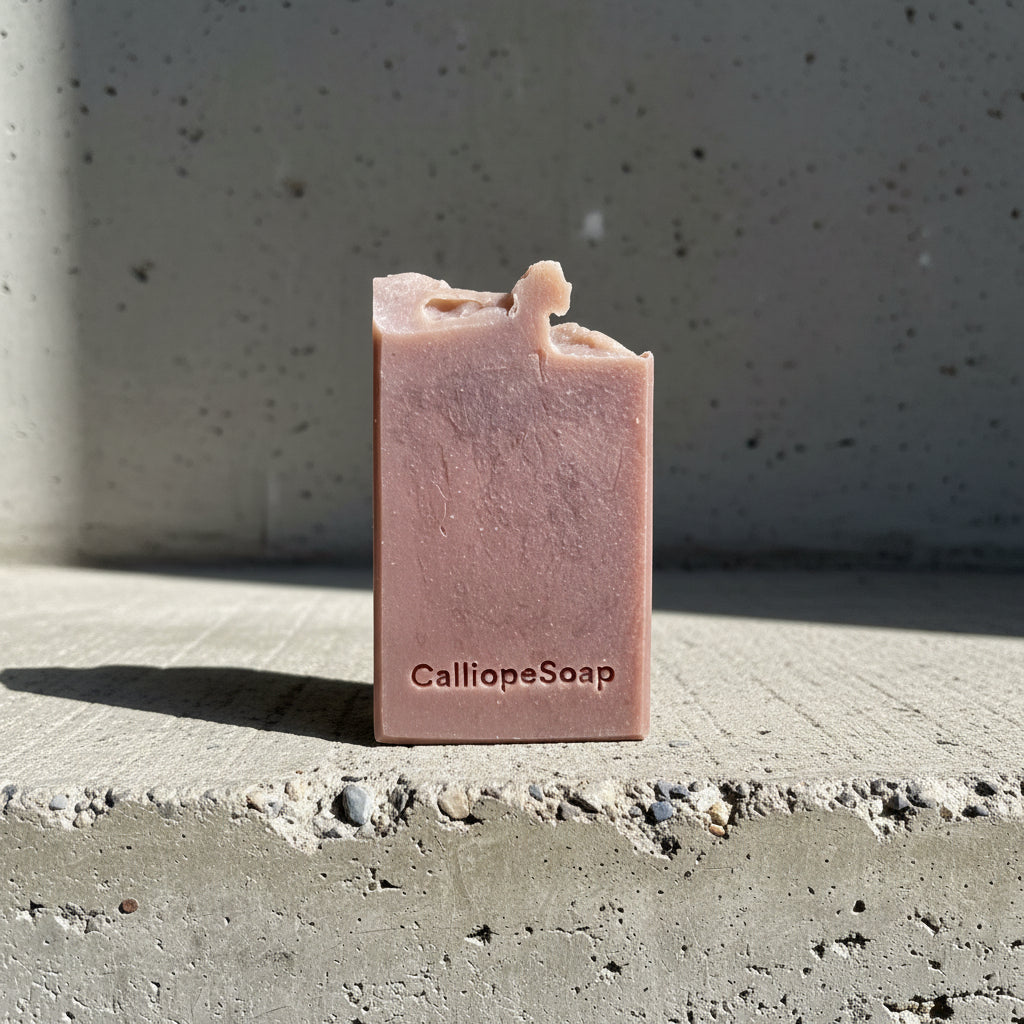 Σαπούνι με σφραγίδα 'Calliope Soap' σε καφετί χρώμα πάνω σε τσιμεντένια επιφάνεια.