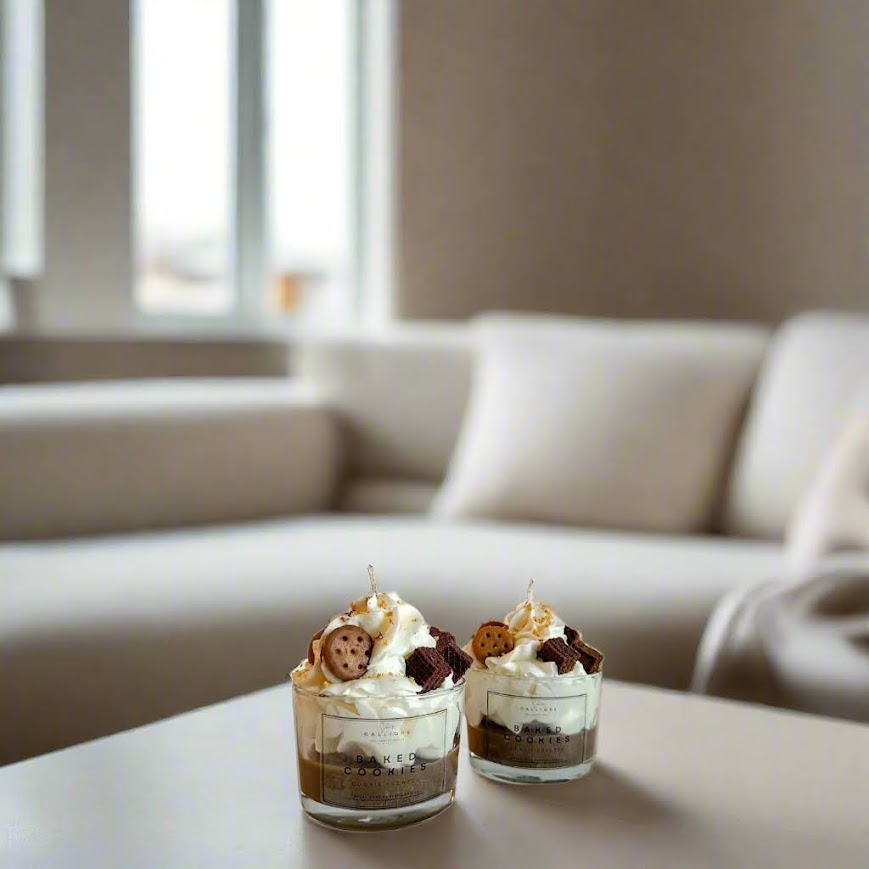 Two candles on a table with a blurred sofa in the background