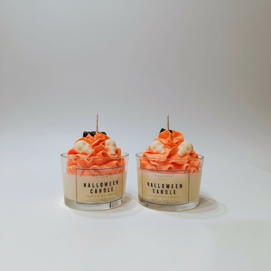 Two Halloween-themed candles with decorative elements on a white surface.