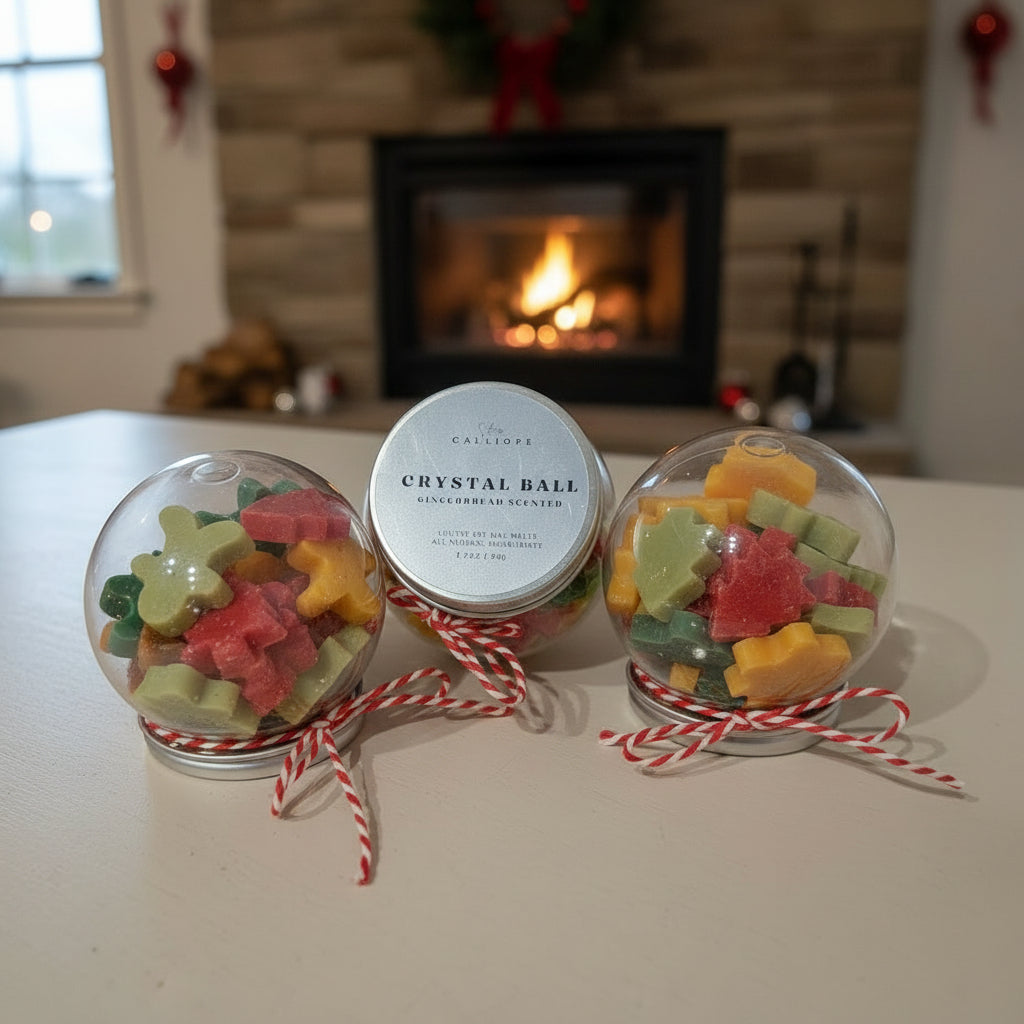 Two crystal balls filled with colorful gummy bears on a table with a fireplace in the background.