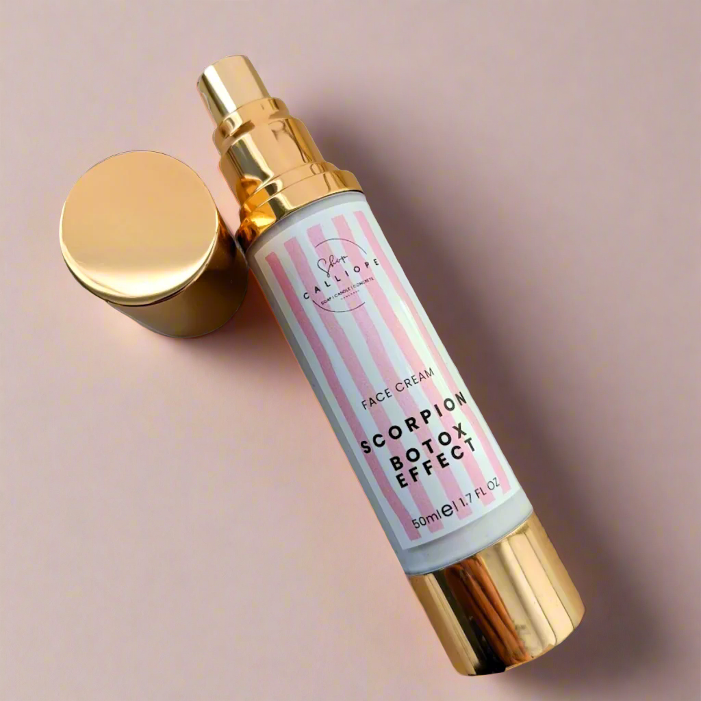 A pump bottle of Scorpion Botox Effect face cream with a gold cap, labeled for anti-wrinkle and moisturizing benefits.