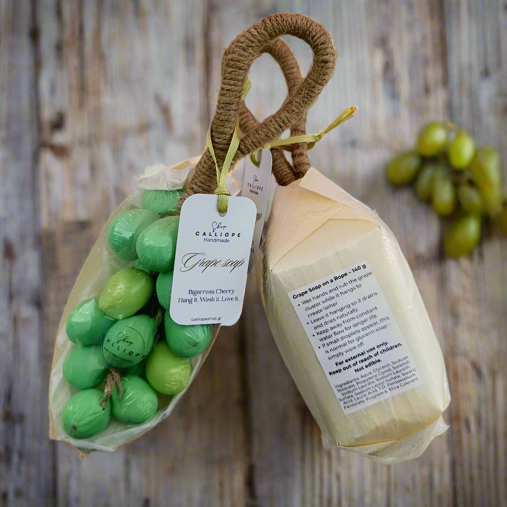 Two soap products, one green and one beige, with labels on a beige background.