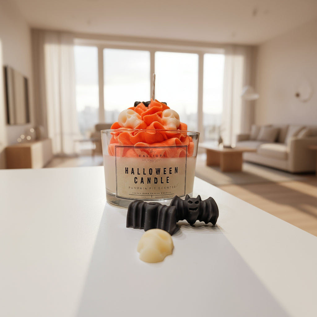 Halloween-themed candle with decorative elements on a table in a modern living room.
