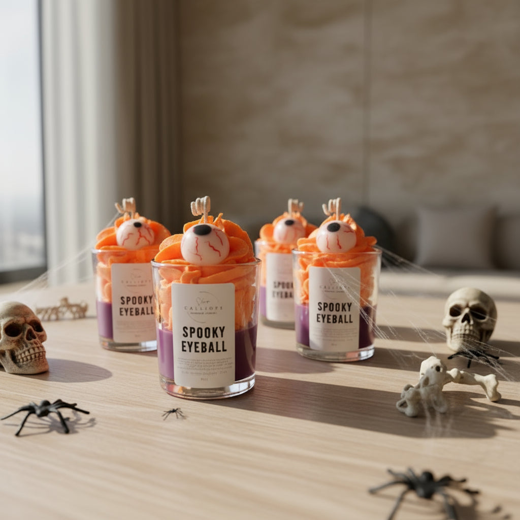 Halloween-themed candles labeled 'Spooky Eyeball' on a table with decorative items.