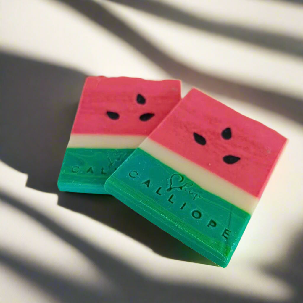 Two watermelon-themed soap bars with 'Calliope' branding on a light background.