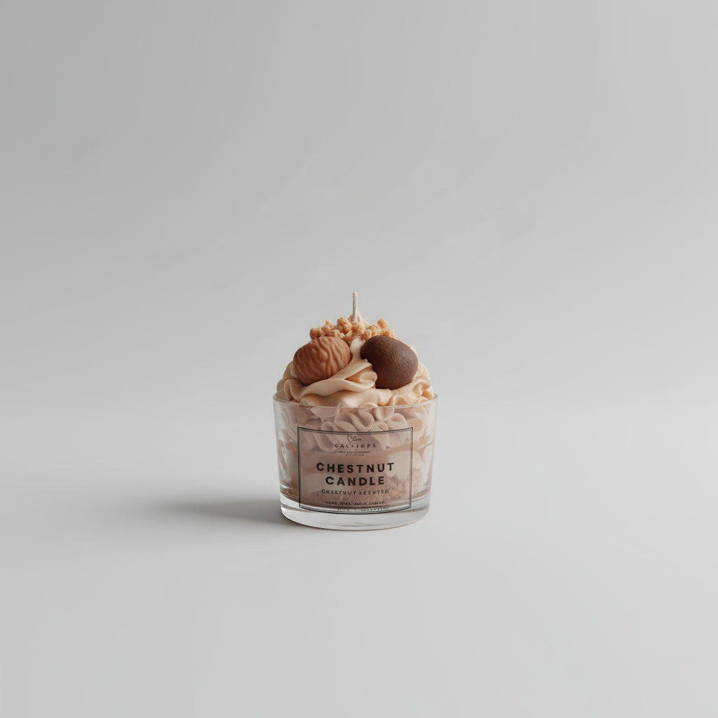 Chestnut candle with decorative elements on a shelf