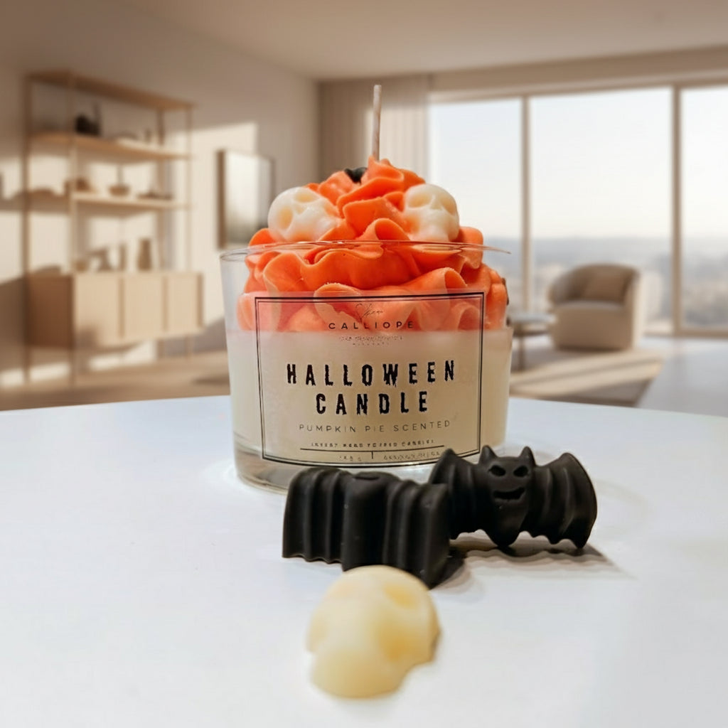 Halloween-themed candle with candy corn design on a table in a modern living room.