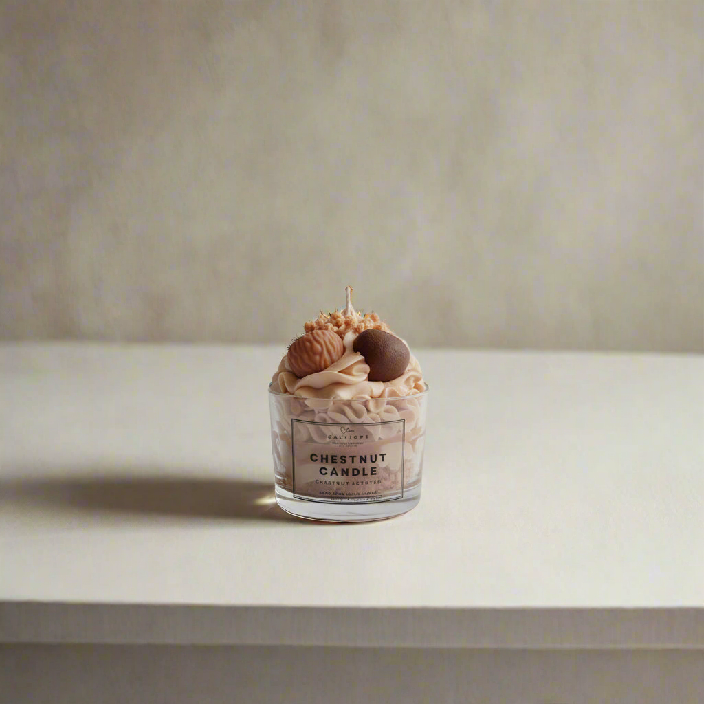 Candle with chestnut decorations on a white surface
