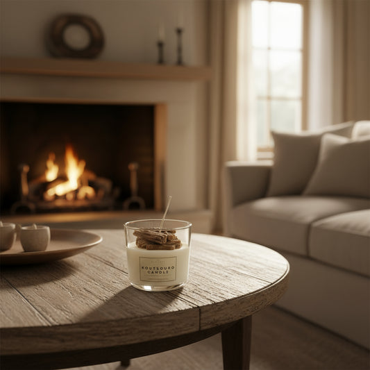 Candle on a wooden table in a cozy living room with a fireplace.