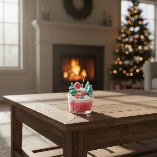 Candle with Christmas decorations on a wooden table in a cozy living room with a fireplace and tree.