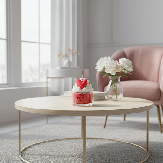 Round coffee table with a candle and flowers in a living room setting