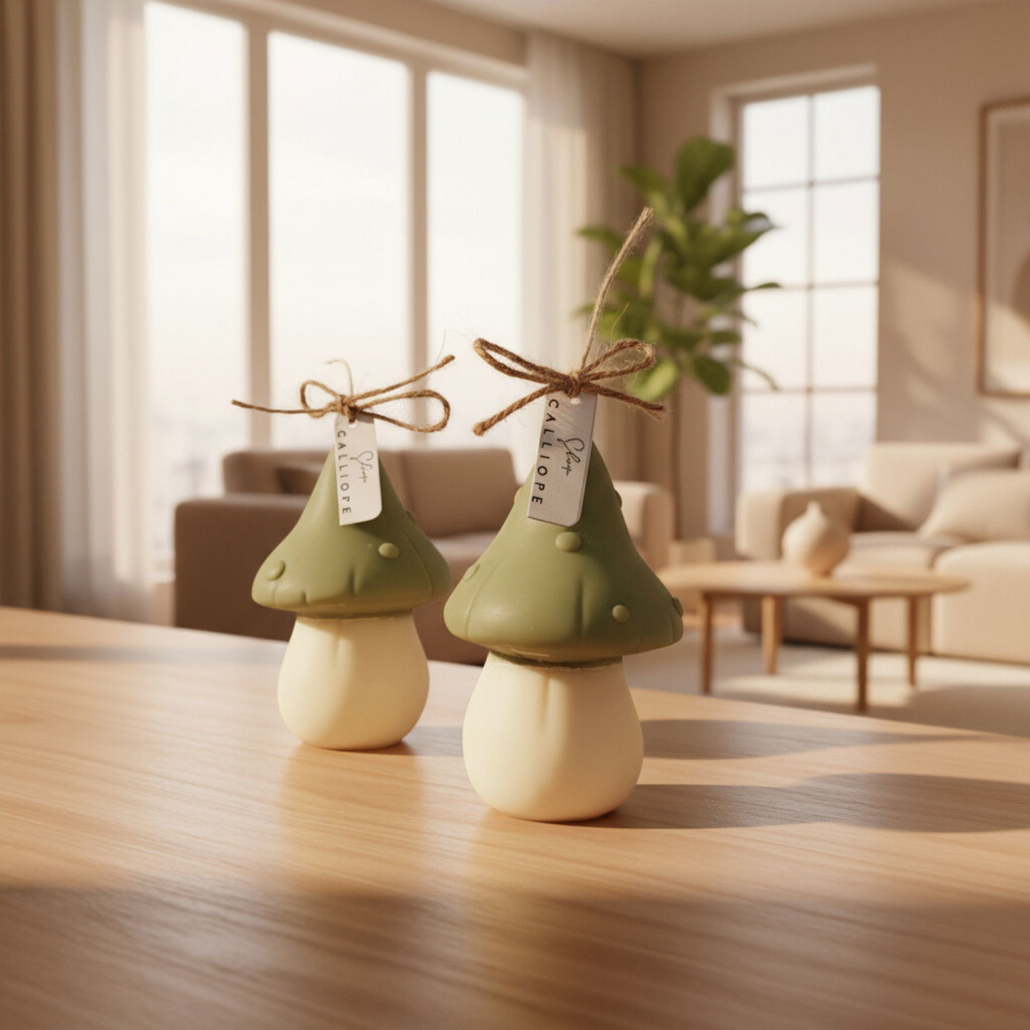 Two decorative mushroom ornaments on a wooden surface with a blurred living room background.