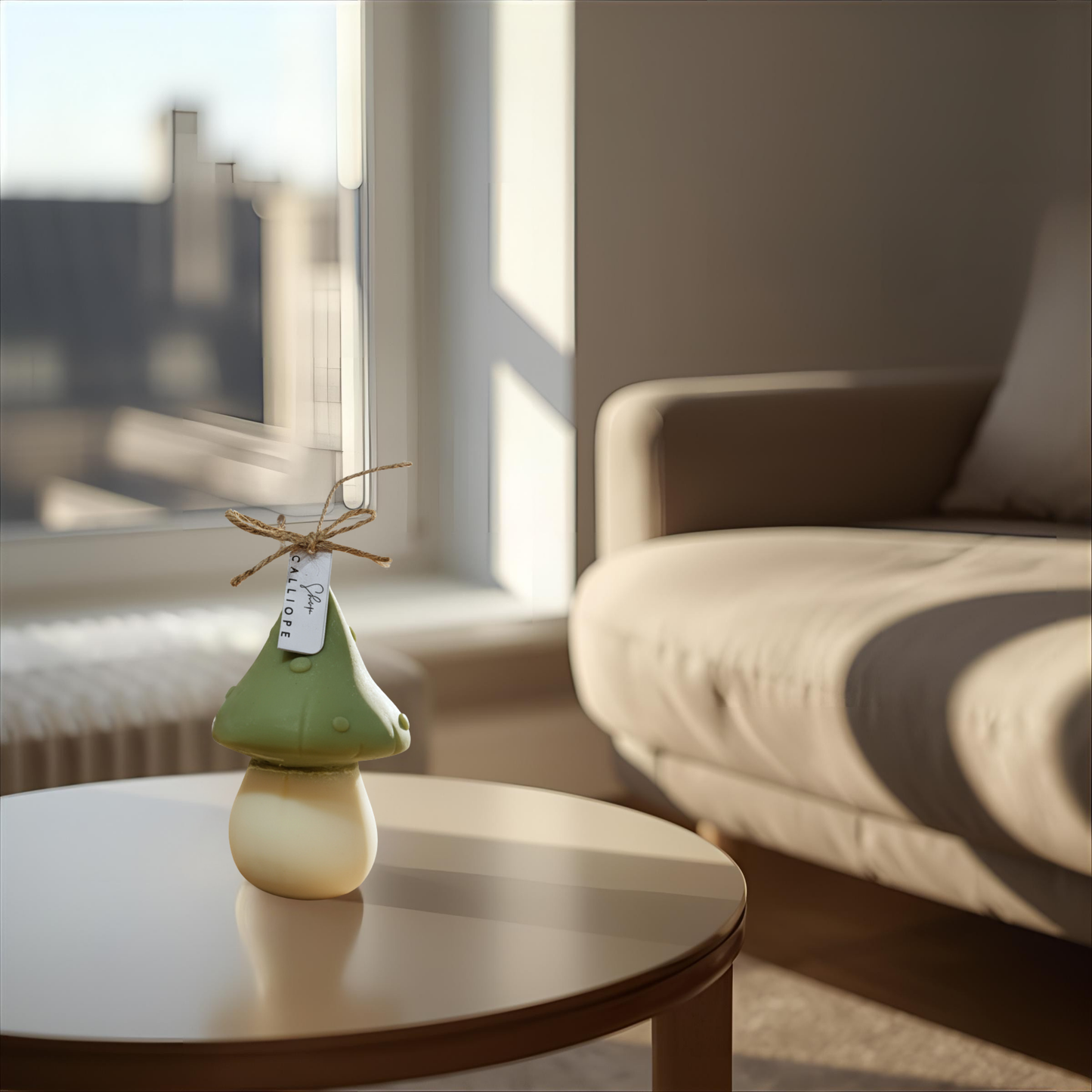 Mushroom candle on a table in a living room with a couch and window in the background.