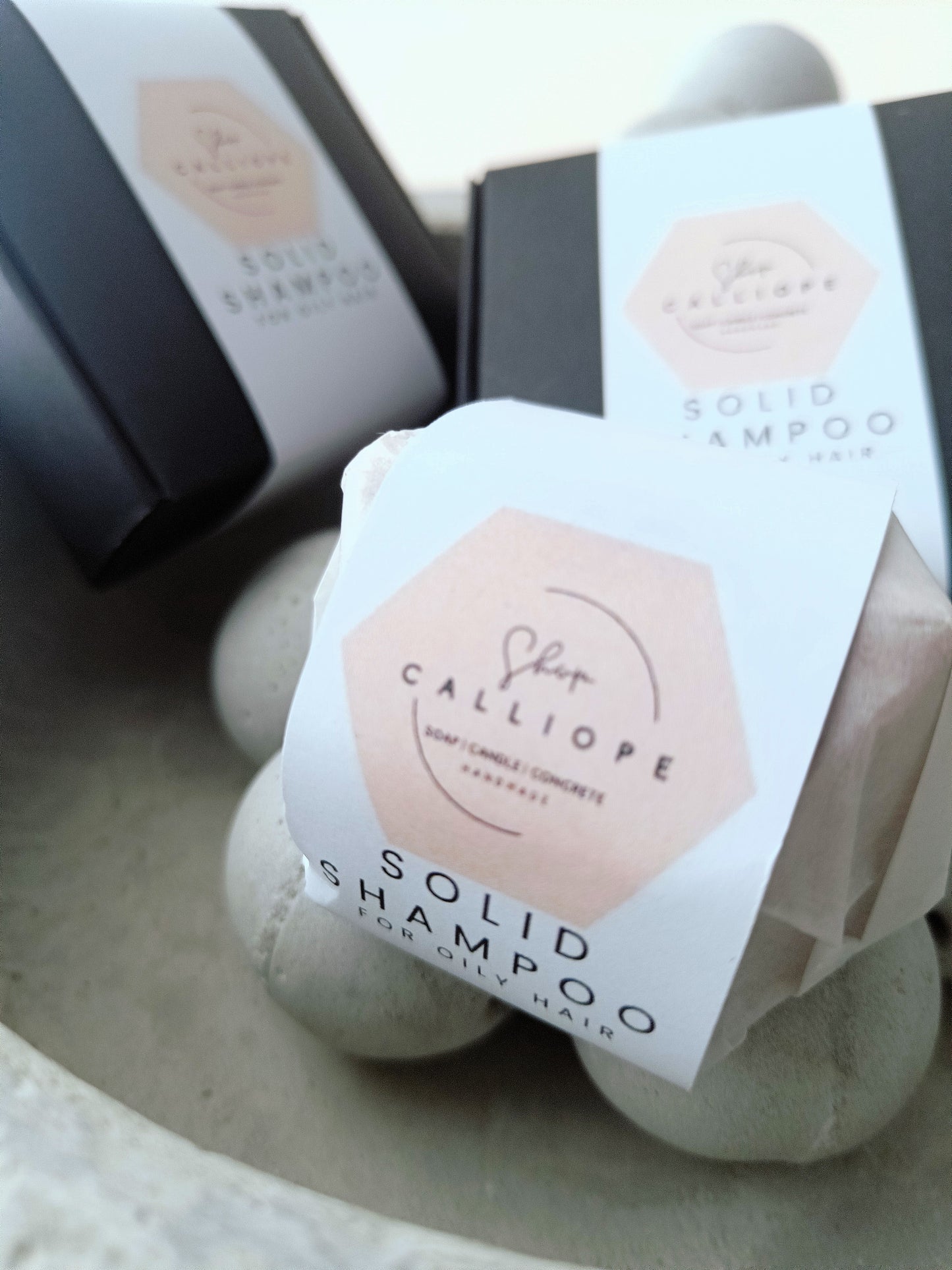 Solid shampoo bars packaged and labeled as solid shampoo for oily hair