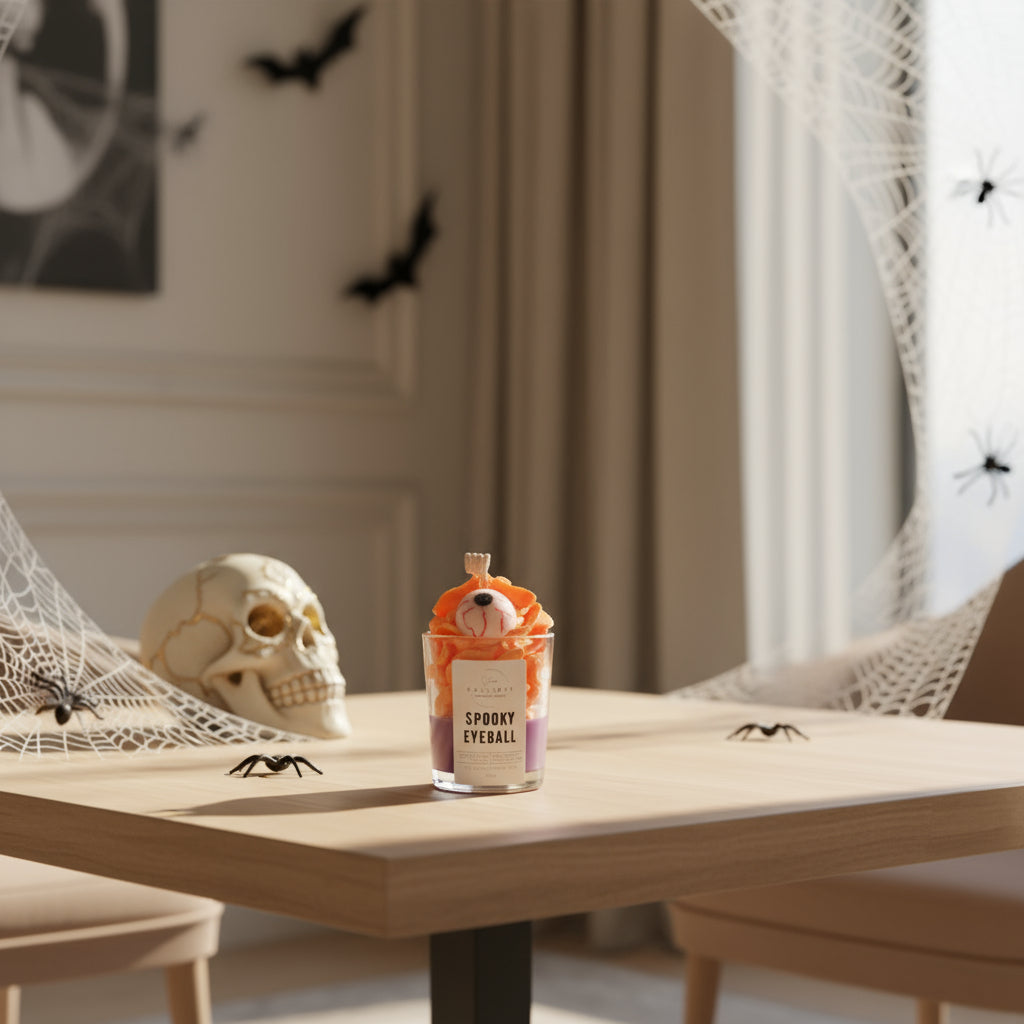 Candle labeled 'Spooky Eternally' on a table with Halloween decorations in the background.