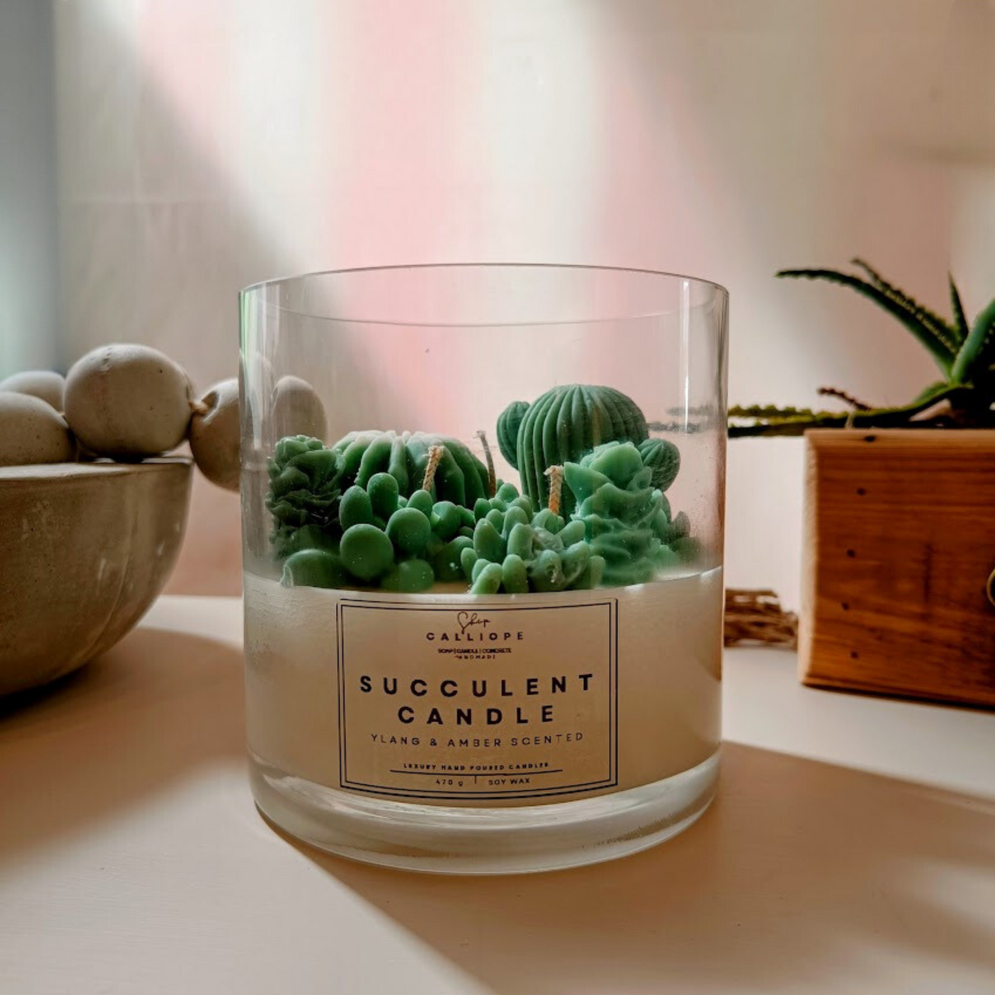Κερί σόγιας σε γυαλινο δοχείο, κακτάκια Succulent Candle