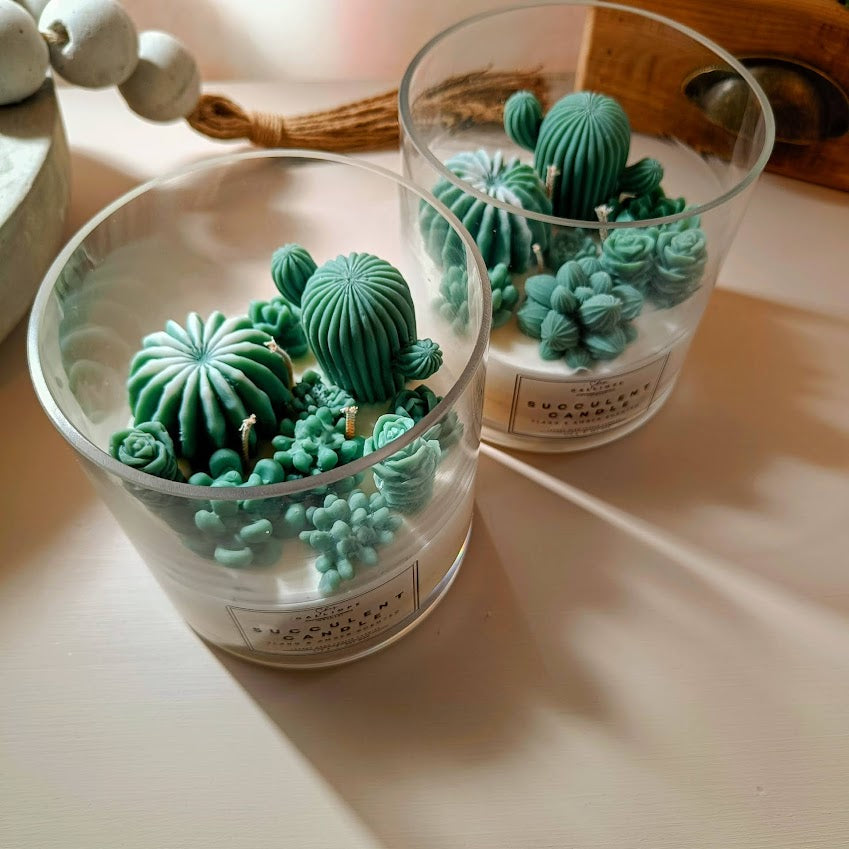 Κερί σόγιας σε γυαλινο δοχείο, κακτάκια Succulent Candle