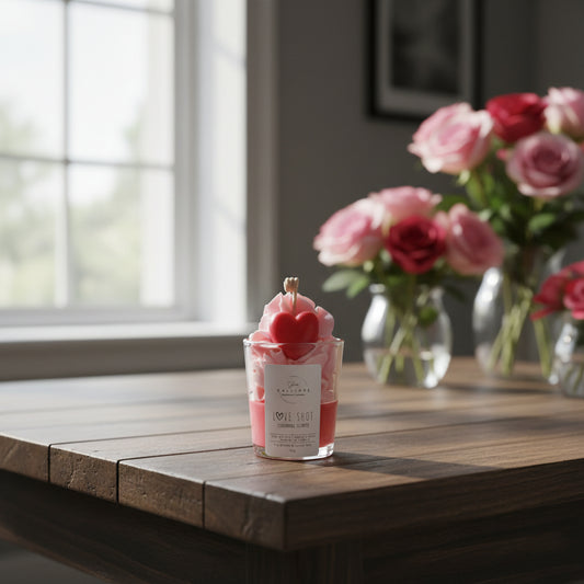 Candle with heart design on a wooden table with flowers in the background