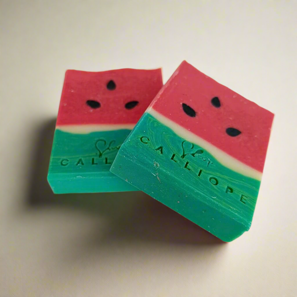 Two watermelon-themed soap bars with 'Calliope' branding on a white background
