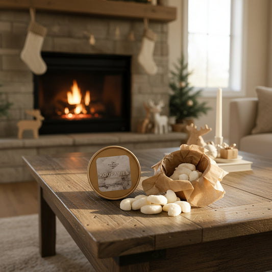 Cozy living room with a fireplace, Christmas decorations, and a wooden table with a product display.