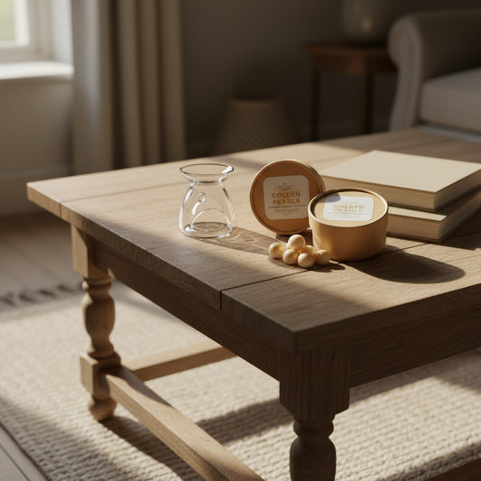 Wooden coffee table with decorative items in a cozy living room.