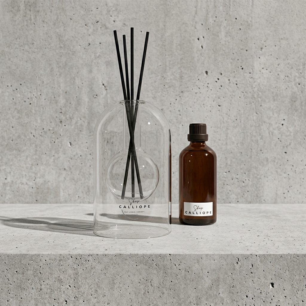 Minimal γυάλινο μπουκάλι diffuser Calliope Signature με μαύρα στικάκια δίπλα σε καφέ μπουκάλι αναπλήρωσης 100ml, σε φόντο από ακατέργαστο τσιμέντο.