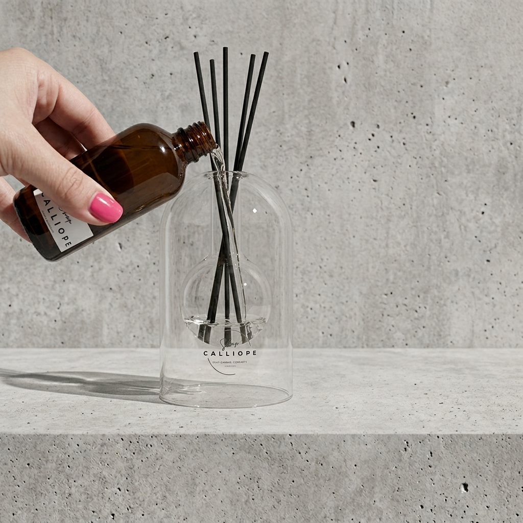 Χέρι με φούξια νύχια ρίχνει άρωμα Calliope από καφέ μπουκάλι στο minimal γυάλινο diffuser, σε φόντο από ακατέργαστο τσιμέντο.