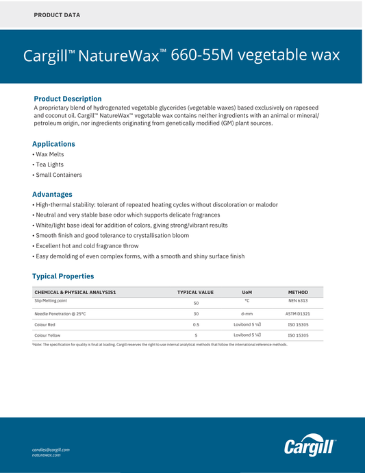 Cargill NatureWax 660-55M vegetable wax product description sheet with specifications and applications.