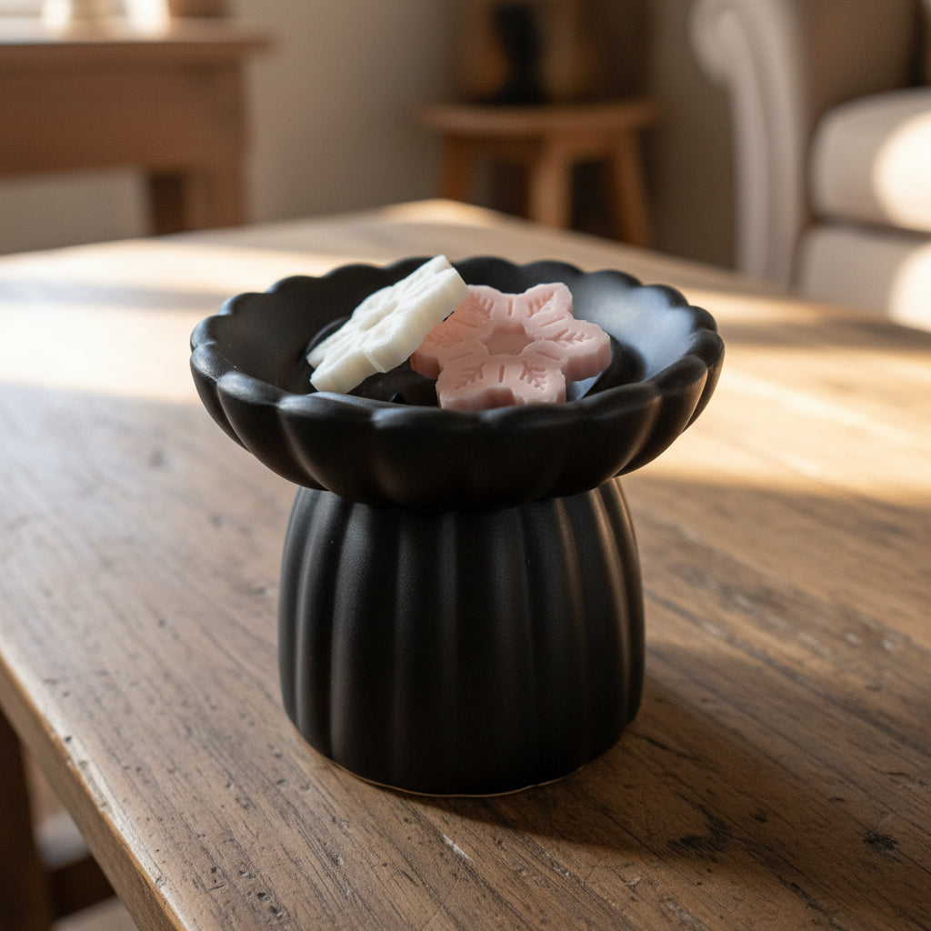 Μαύρος αρωματιστής με wax melts σε ξύλινη επιφάνεια