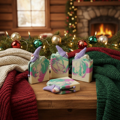 Decorative soap bars with fairy designs on a wooden surface, surrounded by festive decorations and a fireplace.
