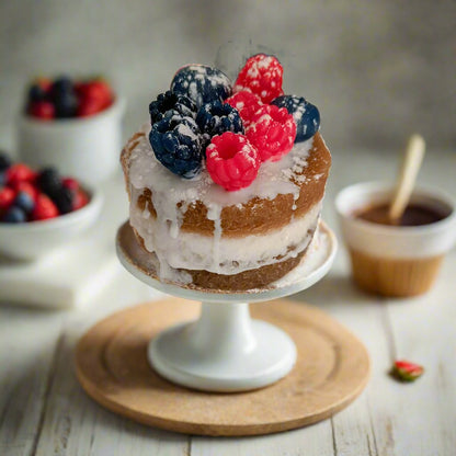 A bar of cake-scented soap on a white dish, decorated with blue and red berries, with a larger bowl of the same soap in the background, and a smaller bowl of a different soap product to the side.