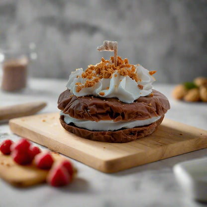 A decorative candle designed to resemble a tsoureki dessert, with white icing and crumbled toppings, placed on a wooden board.