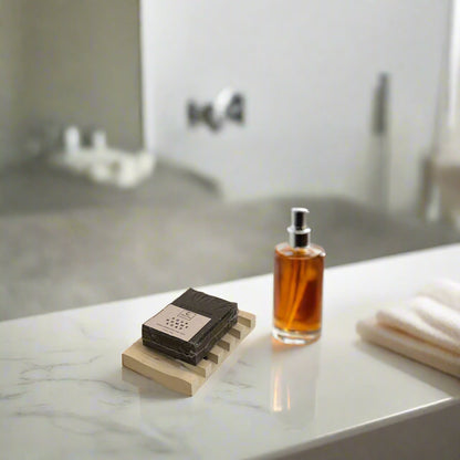 Handcrafted soap dish on a marble surface, minimalistic design, possibly with wooden material, accompanied by a bottle of liquid.
