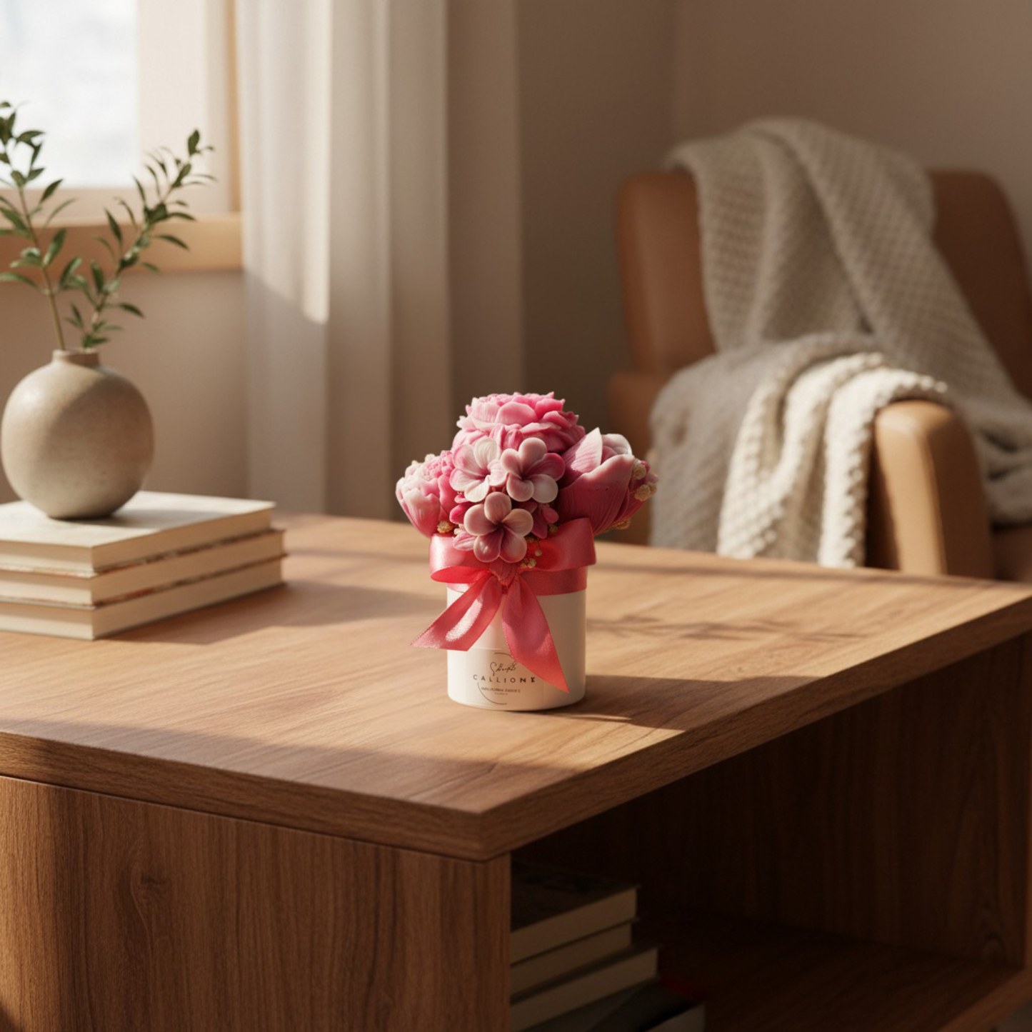 Μπουκέτο από κερί σε μικρό στρογγυλό κουτί 13X14cm