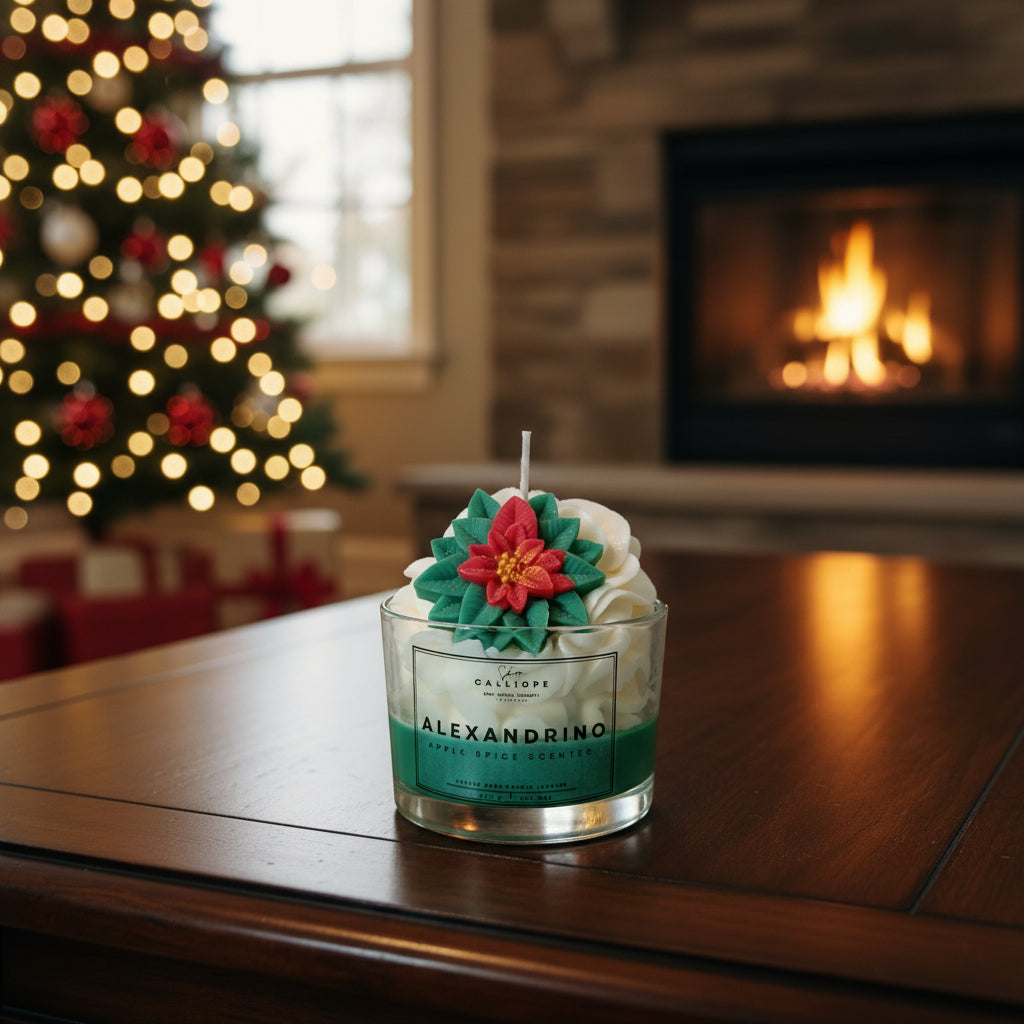 Decorative candle with floral design on a wooden surface, Christmas tree and fireplace in the background