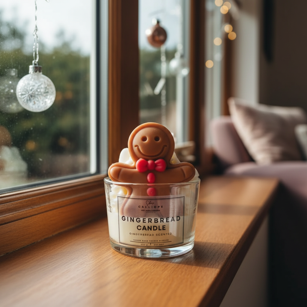Gingerbread candle with a gingerbread man on top on a wooden surface near a window.