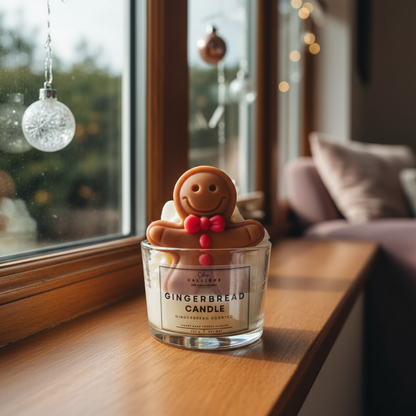 Gingerbread candle with a gingerbread man on top on a wooden surface near a window.