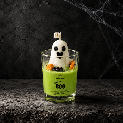 Χειροποίητο κερί Halloween Boo σε ποτήρι σφηνάκι με βάση σε χρώμα lime