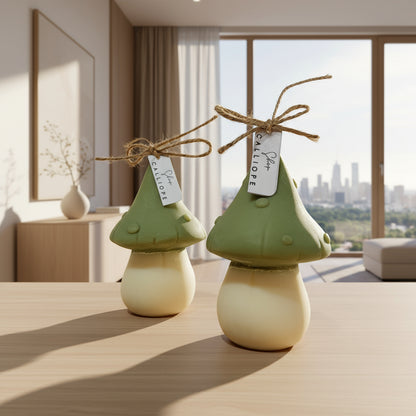 Two green and beige mushroom-shaped candles with tags on a light background