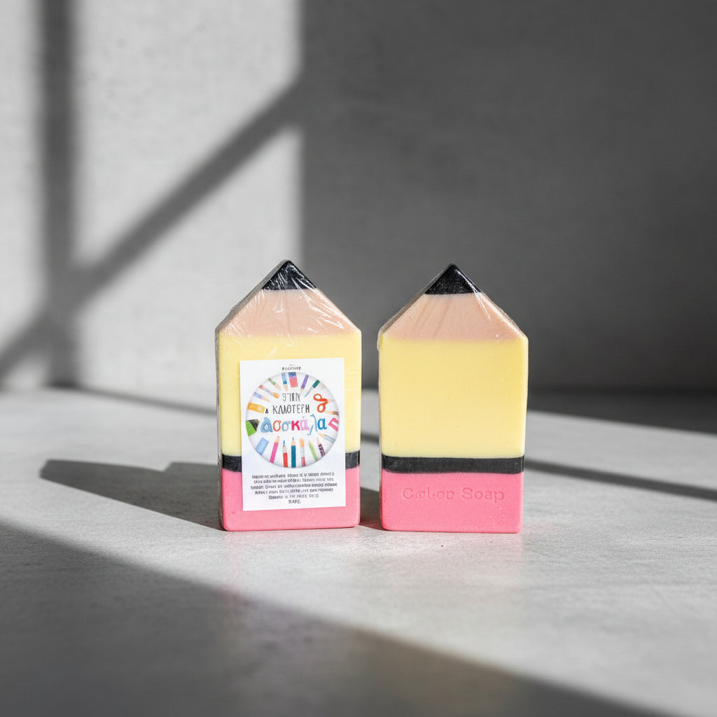 Two colorful soap bars shaped like pencils on a cement surface with a neutral background