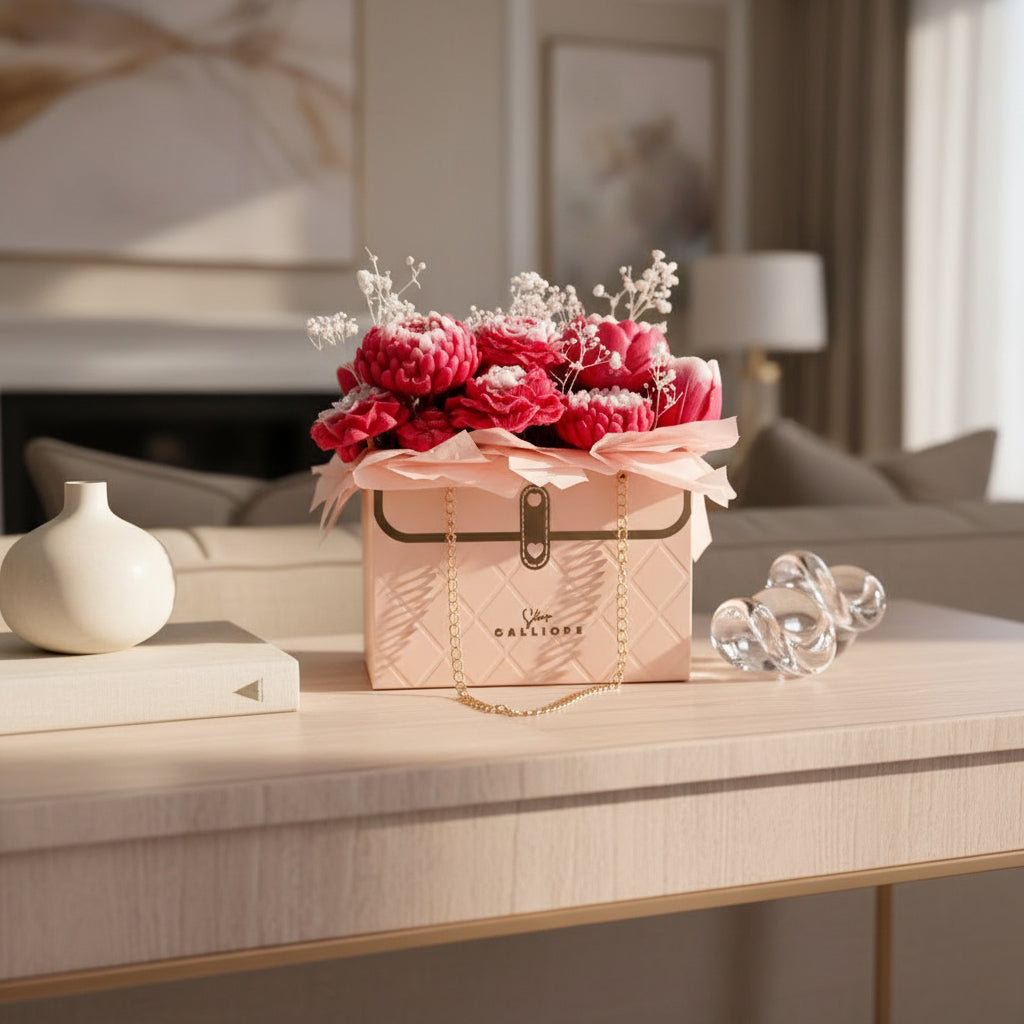 Pink handbag with wax flowers on a light surface
