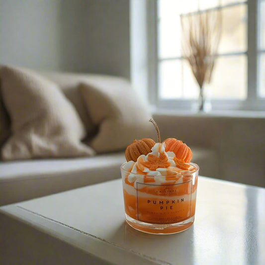 A clear glass candle with orange and white wax layers, labeled 'Pumpkin Pie', placed on a surface with a blurred background.