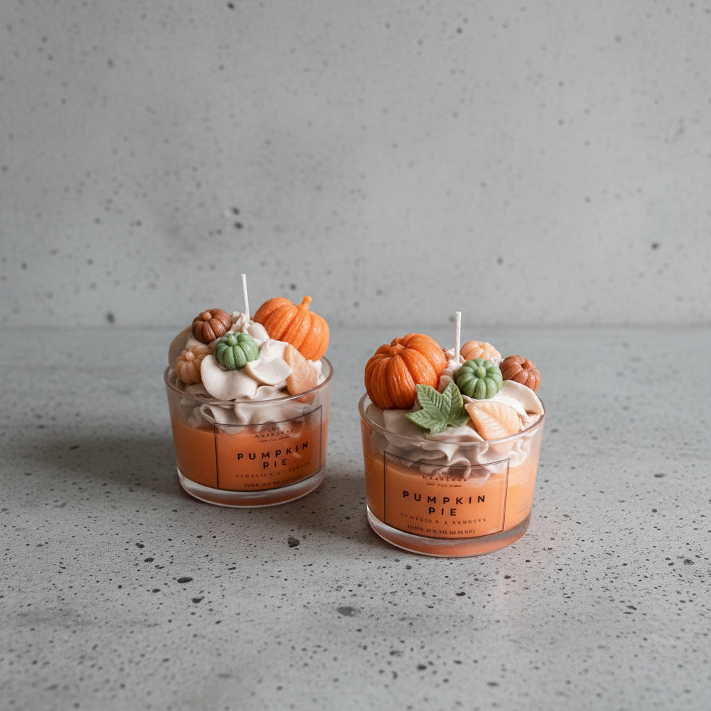 Δύο αρωματικά κεριά σόγιας Pumpkin Pie σε διάφανο ποτήρι με φθινοπωρινή διακόσμηση κεριού