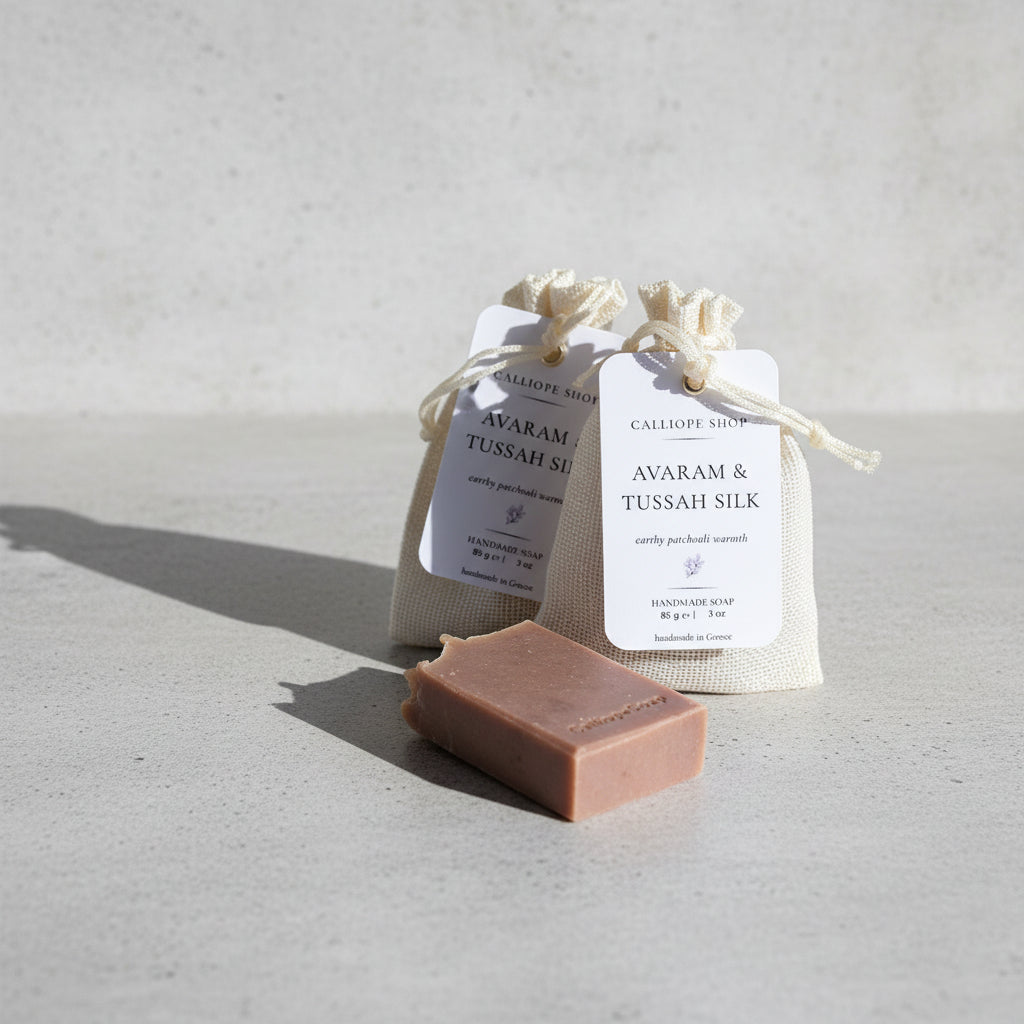 Bar of soap with 'Avaram & Tussah Silk' packaging on a light gray surface