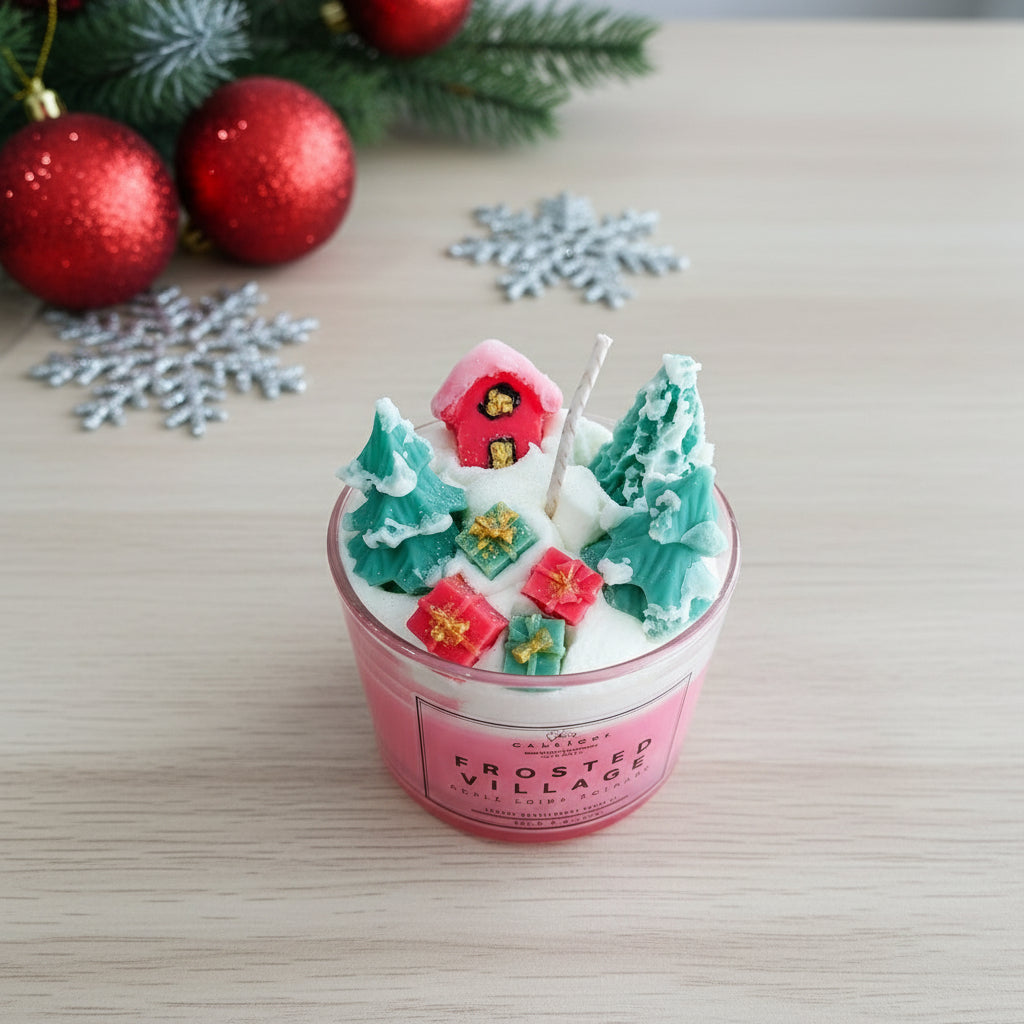 Decorative candle with Christmas-themed decorations on a wooden surface.